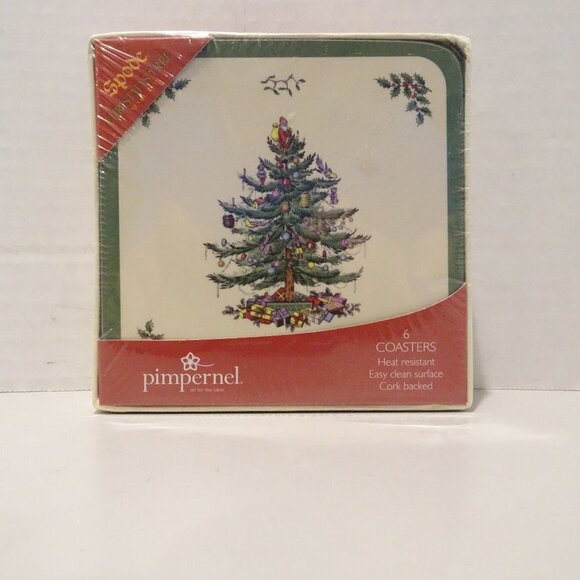 Pimpernel Christmas Tree Collection Cork-Backed Coasters 4" Set of 6 NEW Spode - Picture 1 of 3